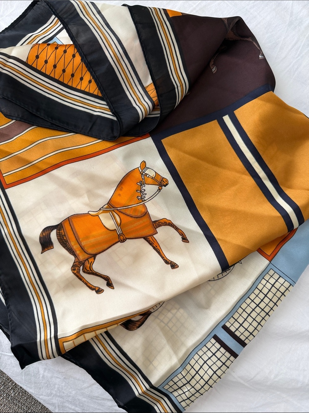 Equestrian Print Silk Scarf in Mustard, Black & Cream